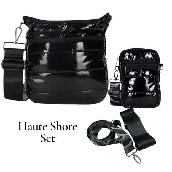 HAUTE SHORE Black Puffer Bags - Set includes 2 Bags 4 Straps - Quilted Crossbody